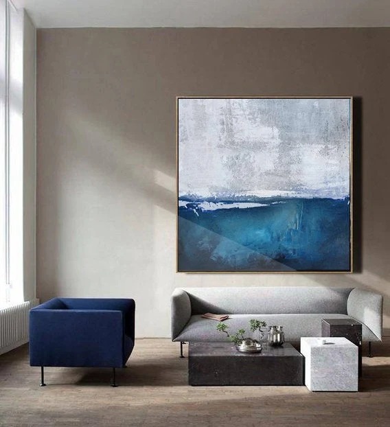 Modern Original Handmade Blue Coastal Abstract Canvas Wall Art J7LI2